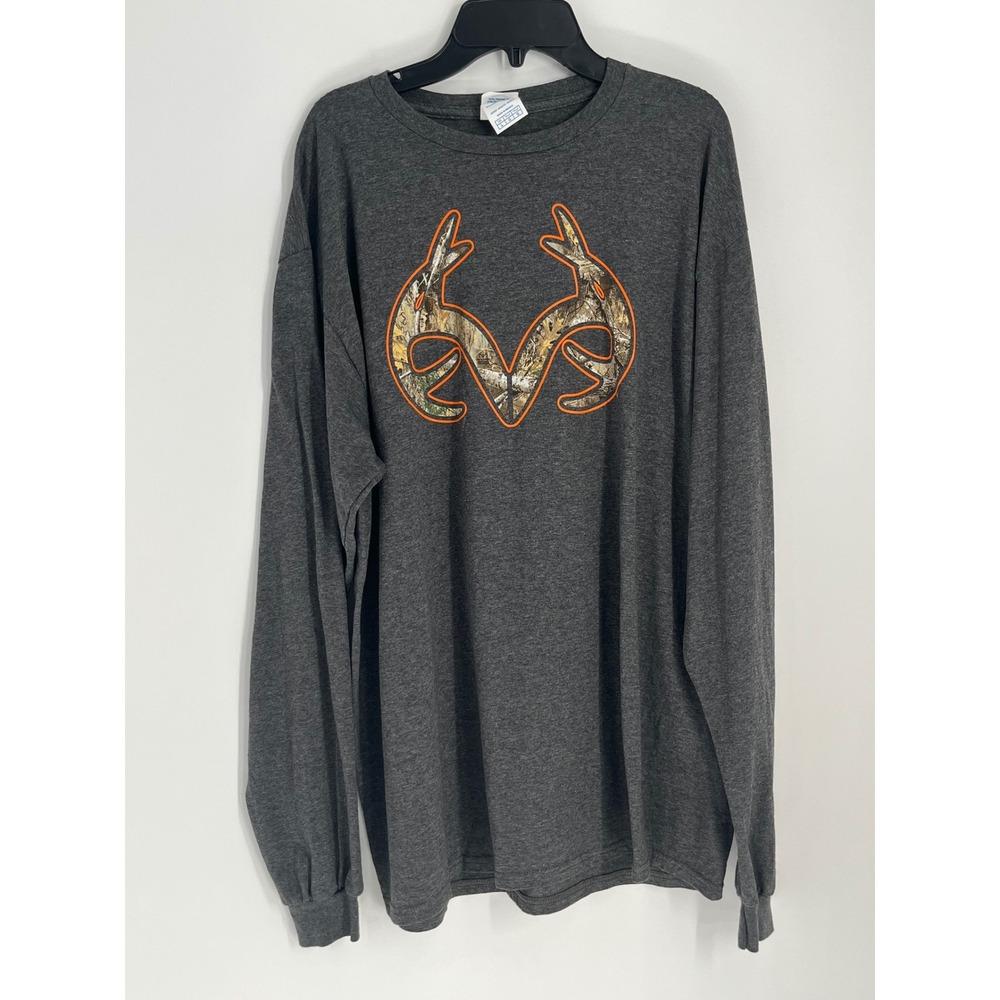 Realtree Long Sleeve Graphic T-Shirt Unisex L Charcoal Gray Camo Logo Hunt Fish
